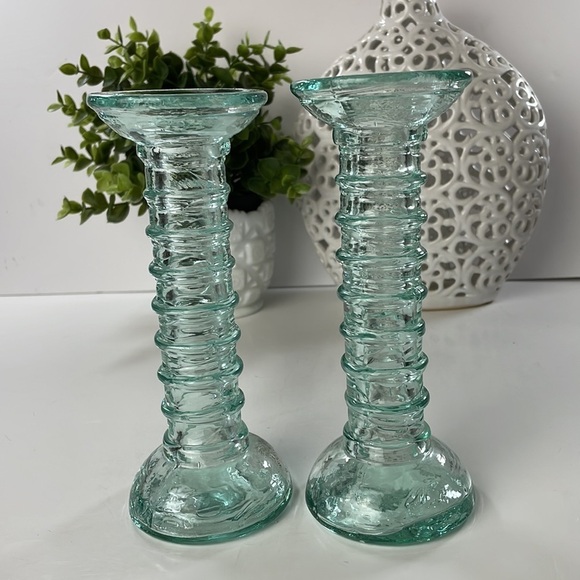 La Mediterranea Recycled Aqua Coloured Glass Candle Stick Holders Pair - Picture 10 of 12
